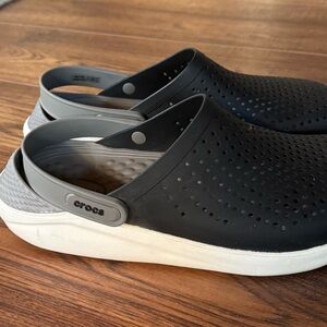 CROCS Lite Ride Black Clog with White Sole and Gray Strap